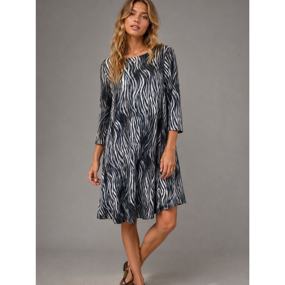 Tommy Bahama Zebra Print Dress Tunic Black White 3/4 Sleeve Zip Back Women’s SP